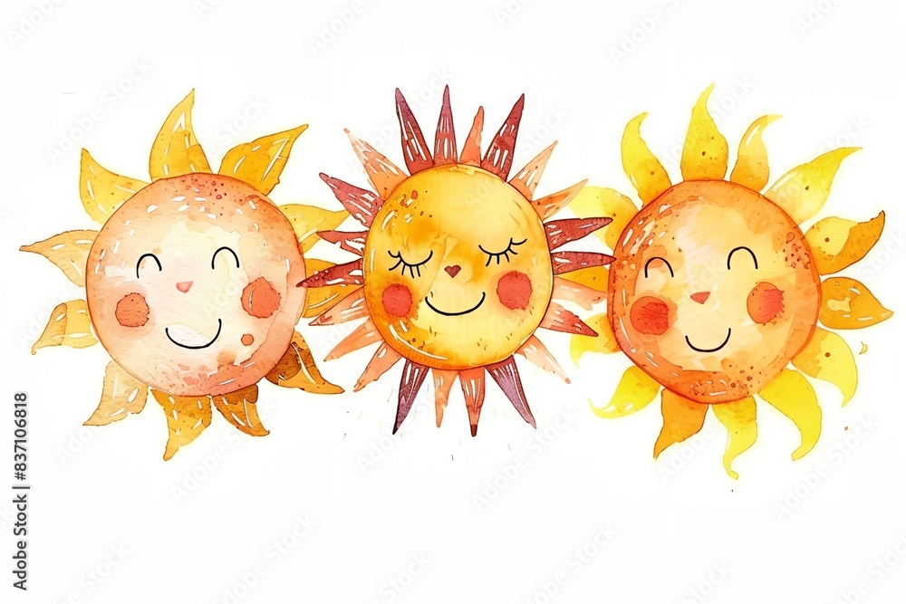 a watercolor drawing of three sun faces with eyes closed and smiling a watercolor drawing of three sun faces with eyes closed and smiling