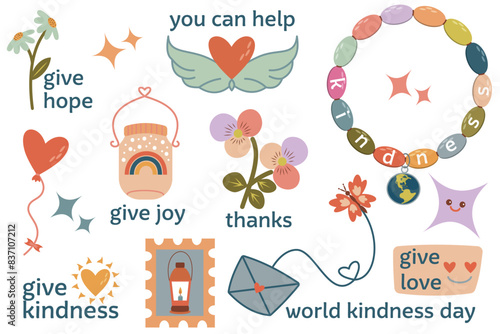 Bild auf Leinwand A cute sticker set with kindness thanks and love
