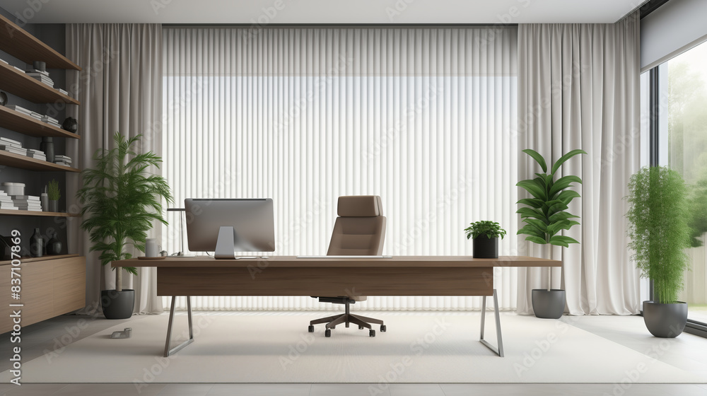 Fototapeta premium modern office with a wooden desk and a white chair, minimalist design