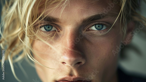 Close-up of a blond man, shot in bright light, his face radiates confidence and energy, drawing attention to his charisma.