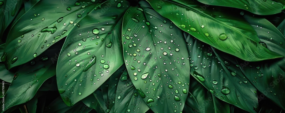 Fototapeta premium Close-up of vibrant green leaves covered in fresh dewdrops, showcasing natural beauty and tranquility in nature.