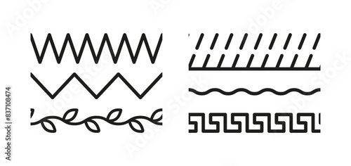 Overlock zigzag seamless elements. Set of machine thread sew brushes. Sewing stitches. Embroidery seams. Simple graphic vector illustration. Line border isolated on white background.