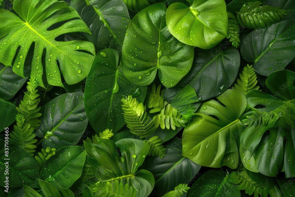 Fototapeta premium A lush arrangement of green tropical leaves, with water droplets on the foliage, creating a vibrant and fresh jungle-like atmosphere.