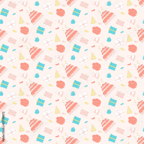 Playful and colorful seamless pattern birthday cakes, wrapped presents, party hats bunting flags and balloons. Anniversary celebration endless background. Holiday repeat cover. Vector illustration.