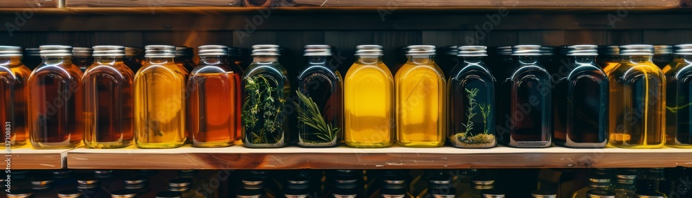 A variety of plantbased oils on a supermarket shelf, shopping theme, top view, diverse selection, futuristic tone, colored pastel A variety of plantbased oils on a supermarket shelf, shopping theme, top view, diverse selection, futuristic tone, colored pastel