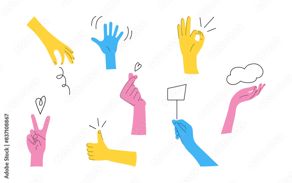 Obraz premium Colorful Hands Making Gestures and Signs Vibrant Design for Posters, Cards, and Prints