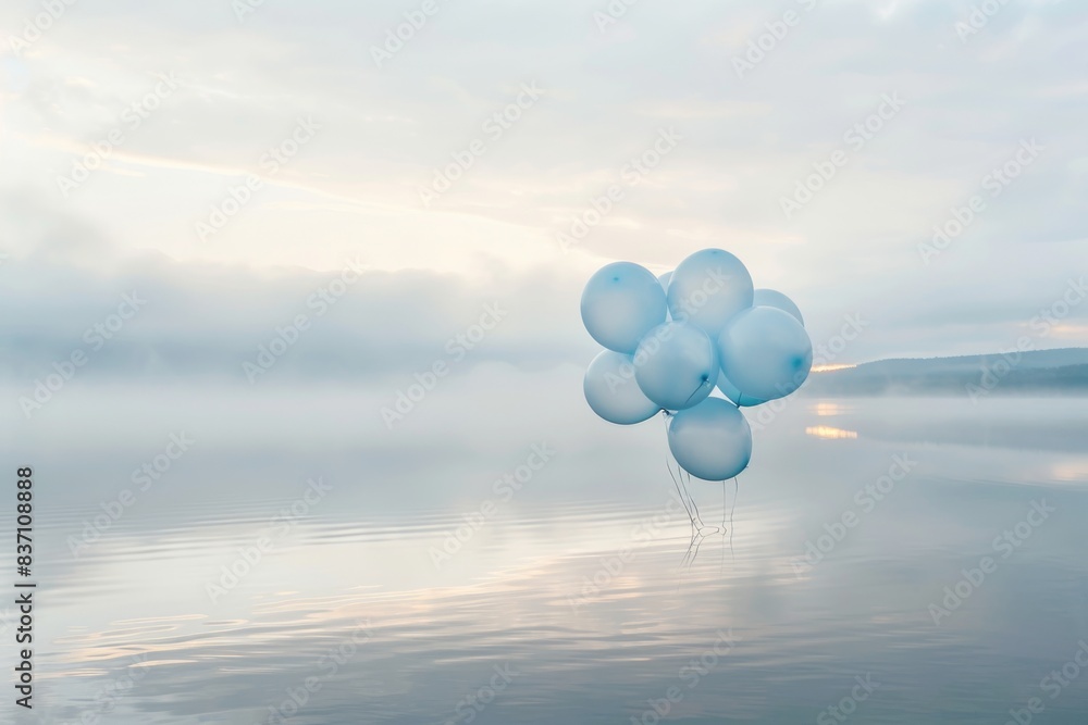 Fototapeta premium dynamic shot ,A punch of children blue baloons is flying over a lake, in a foggy weather scene with a minimalist style, captured with high resolution photography