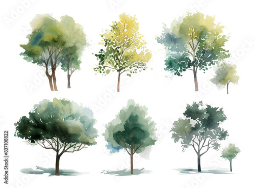 Set of watercolor green trees collection vector illustration
