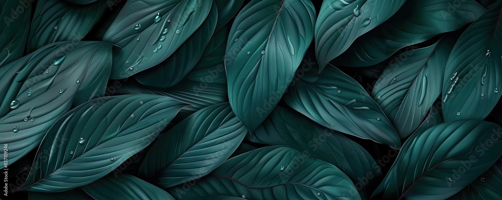 Close-up of lush green leaves with water droplets, showcasing natural beauty and freshness in a detailed, vibrant, and high-resolution image. Close-up of lush green leaves with water droplets, showcasing natural beauty and freshness in a detailed, vibrant, and high-resolution image.