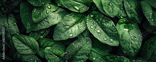 Close-up of lush green leaves with water droplets, perfect for nature and botanical themes in stock photos.