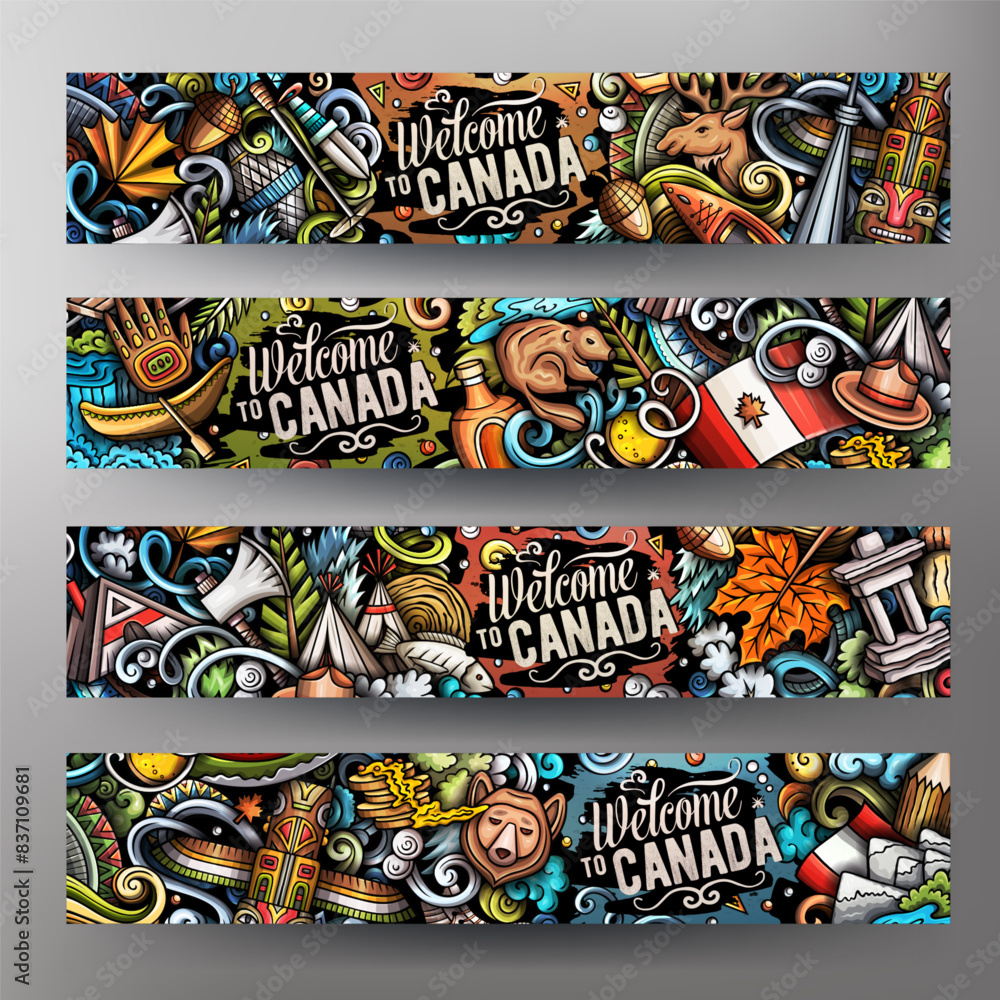 Cartoon vector doodle set of Canada corporate identity templates. Funny Canadian colorful banners design Cartoon vector doodle set of Canada corporate identity templates. Funny Canadian colorful banners design