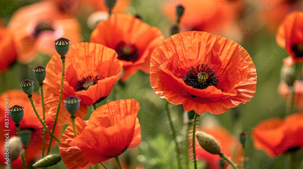 Obraz premium Vibrant red poppies blooming in a summer meadow. Close-up shot of delicate petals and green stems. Perfect for floral, nature, and garden themes. AI