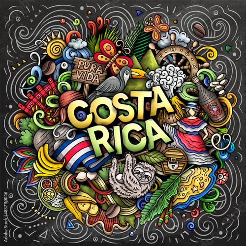 Vector funny doodle illustration with Costa Rica theme. Vibrant and eye-catching design  capturing the essence of Central America culture and traditions through playful cartoon symbols