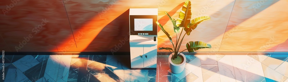 Naklejka premium A minimalist airline checkin kiosk, hightech theme, top view, simplicity and speed, scifi tone, triadic color scheme