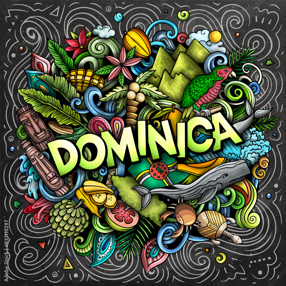 Obraz premium Vector funny doodle illustration with Dominica theme. Vibrant and eye-catching design, capturing the essence of North America culture and traditions through playful cartoon symbols