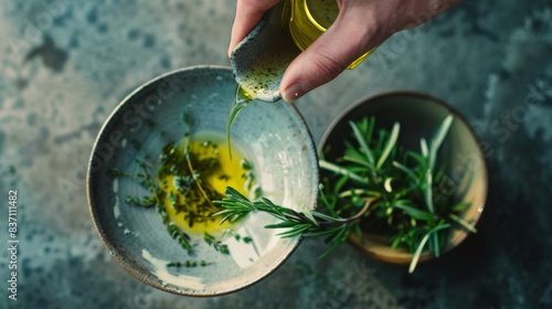A hand pouring olive oil into a small dipping bowl with herbs, dining theme, top view, rich and flavorful, futuristic tone, colored pastel