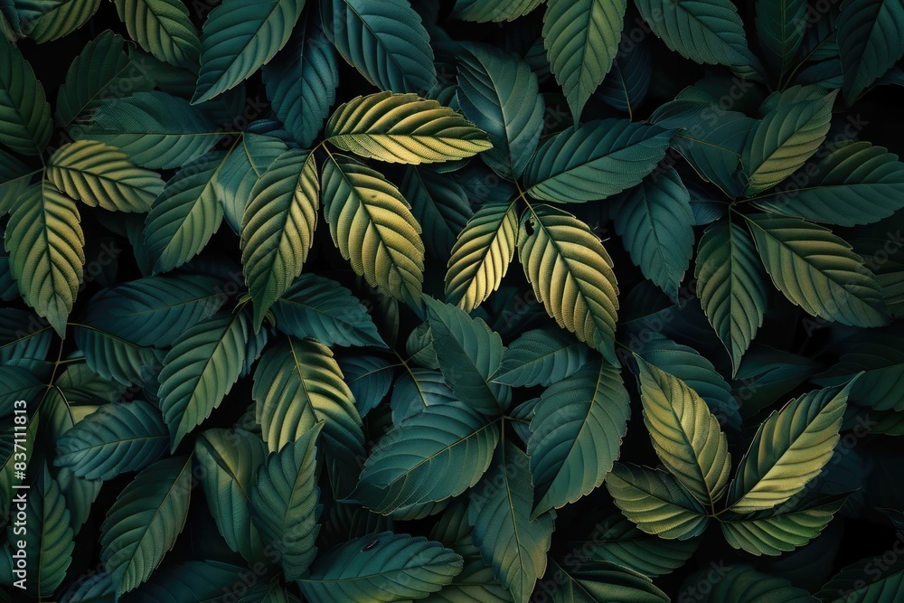 Fototapeta premium Close-up view of vibrant green and yellow leaves arranged in a dense, overlapping pattern, showcasing nature's beauty and intricate textures.