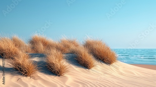 calming sand dunes with clear blue sky, realistic like photo taken from phase one camera  photo