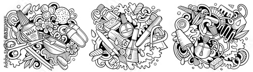 Nail salon cartoon vector doodle designs set. Sketchy detailed compositions with lot of Manicure objects and symbols. Isolated on white illustrations