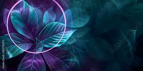 abstract leaves illuminated with neon purple light ring on dark. Concept Abstract Art, Neon Lighting, Leaves Photography, Dark Background, Vibrant Colors
