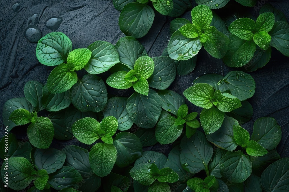 Top view of vibrant green mint leaves with water droplets on a dark background, showcasing natural beauty and freshness. Top view of vibrant green mint leaves with water droplets on a dark background, showcasing natural beauty and freshness.