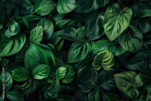 Lush green tropical leaves create a dense, vibrant and fresh foliage background, showcasing the beauty and diversity of natural greenery.