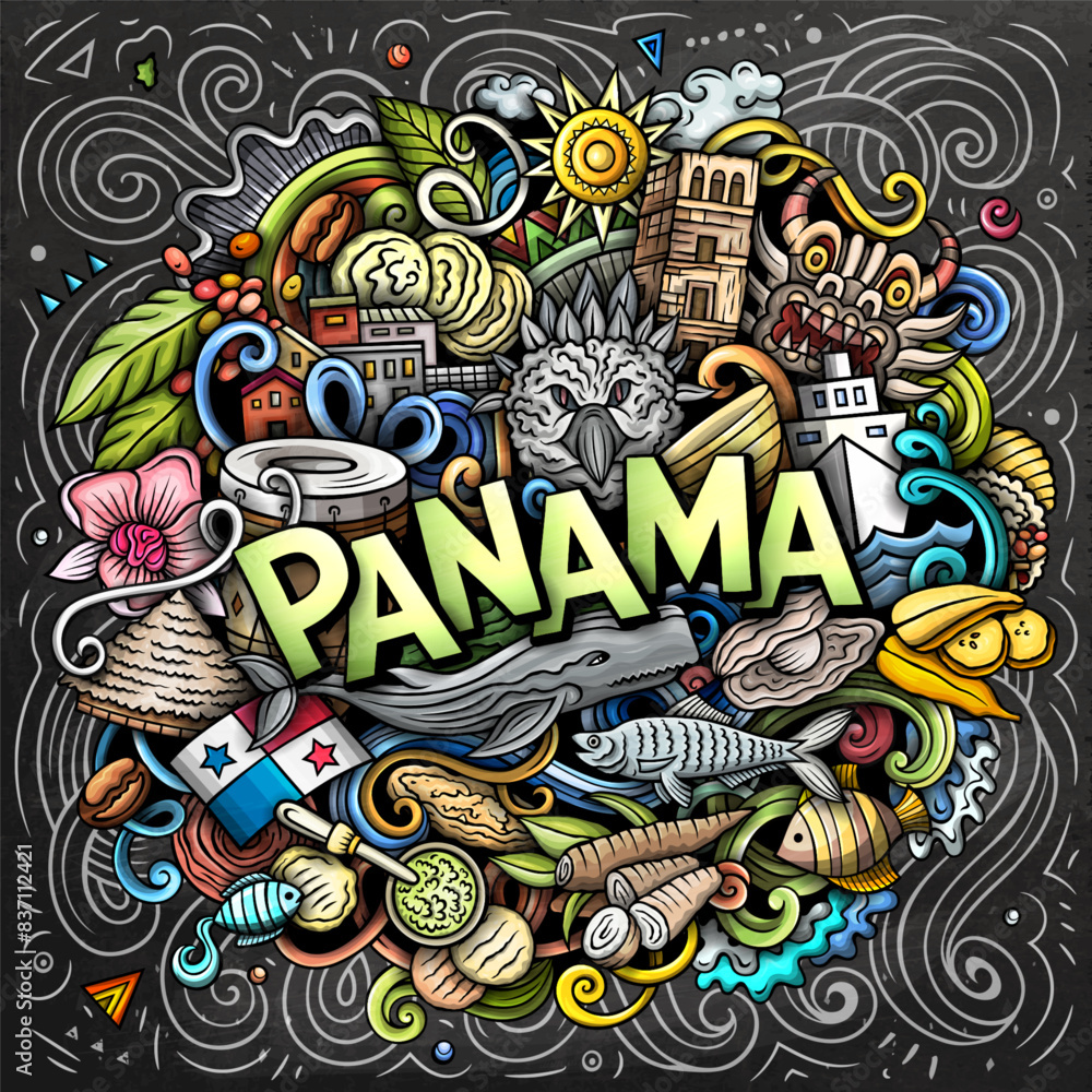 Vector funny doodle illustration with Panama theme. Vibrant and eye-catching design, capturing the essence of Central America culture and traditions through playful cartoon symbols