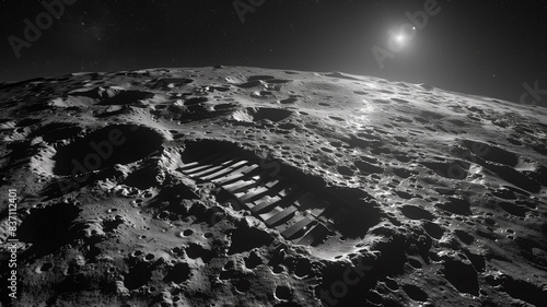 Footprint on the moon. Footmark stamp ground