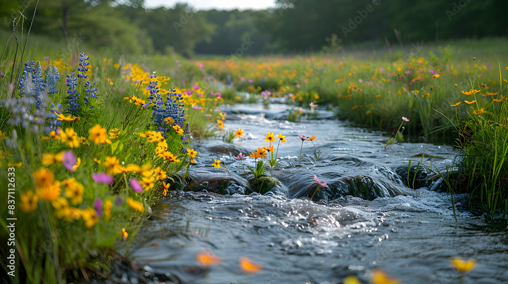 A serene nature brook scene with wildflowers growing along the water's edge A serene nature brook scene with wildflowers growing along the water's edge