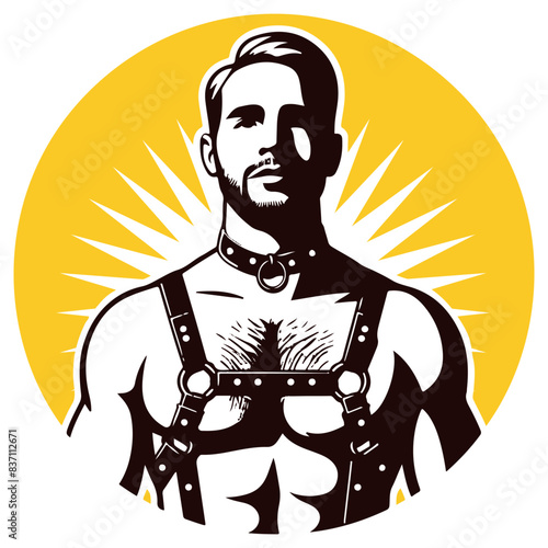 Hairy guy in harness and collar in golden sunshine after rain. Circular round graphic gay LGBT symbol, vector graphics