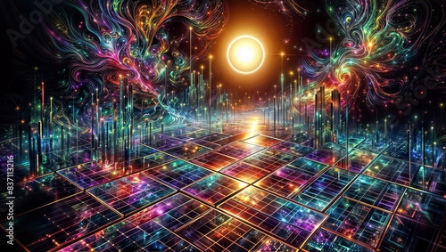 Digital artwork featuring a futuristic cityscape with a vibrant, neon-lit grid floor, illuminated skyscrapers, and a central, radiant sun partially eclipsed by a swirling cosmic cloud. © LIDIIA
