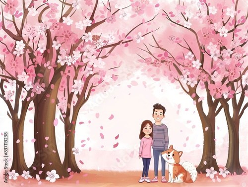 Cute Couple and Dog, Cherry Blossoms, Spring Love photo