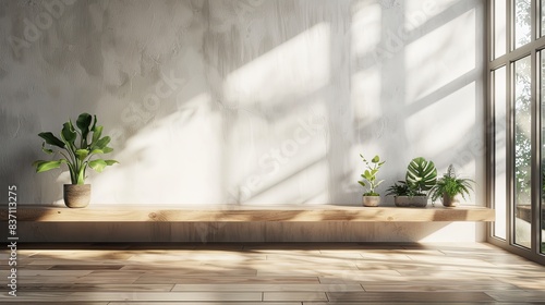 3D Rendering of Minimalist Modern Interior with White Wall, Plant, and Wooden Floor © DreamStock