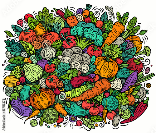Vegetables cartoon vector doodles illustration. Nature food elements and objects background. Bright colors funny veggies picture