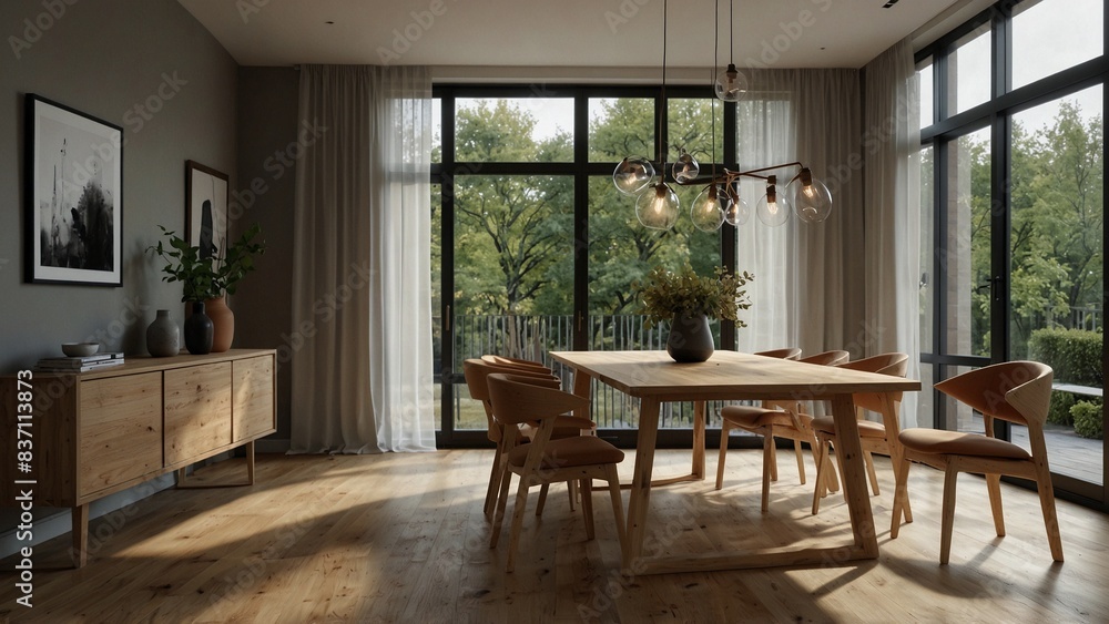 Wooden setter dining table and chairs in Scandinavian interior design of modern dining room with window. Wooden setter dining table and chairs in Scandinavian interior design of modern dining room with window.