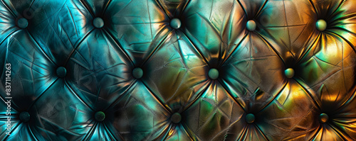 Green leather upholstery with holographic colors, abstract textured background photo