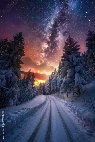 Beautiful Winter. Majestic Milky Way Over Snow-covered Road with Colorful Sunrise