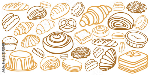 Isolated vector set of Bakery. Hand drawn and chalked cookies, barolls, pies, cakes, pastries, croissants.. Vintage template with pastries sketch. Fresh bakery. Shop. Template.	