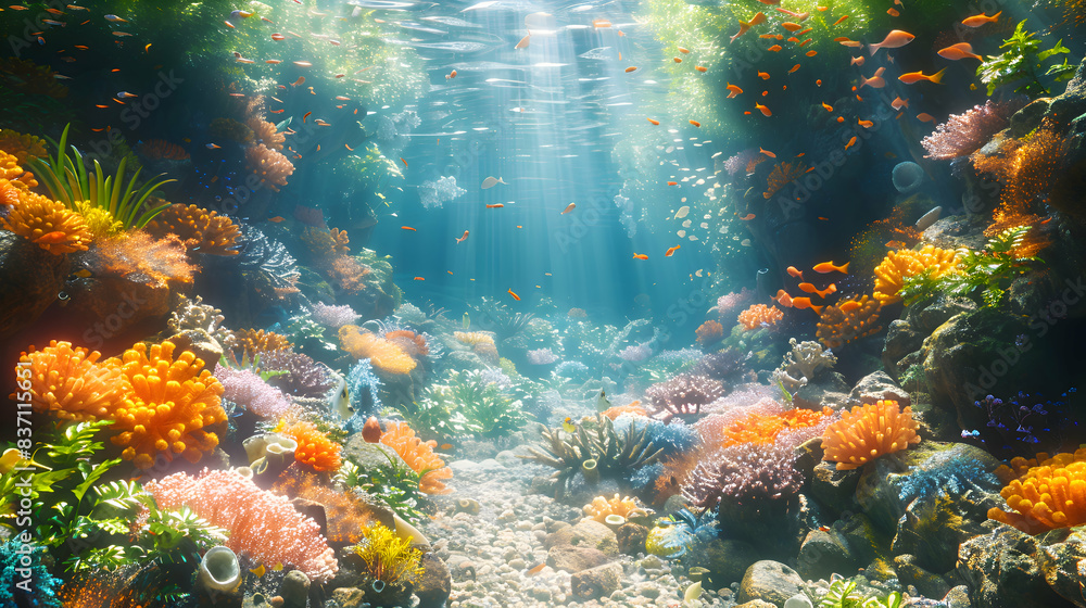 Fototapeta premium A serene nature coral reef scene with sunlight filtering through the water, illuminating the diverse marine life