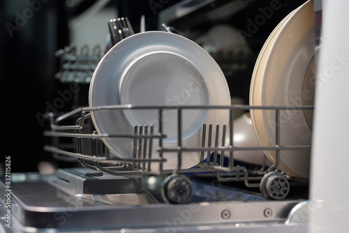 Closeup of dishes in a modern dishwasher machine for efficient cleaning