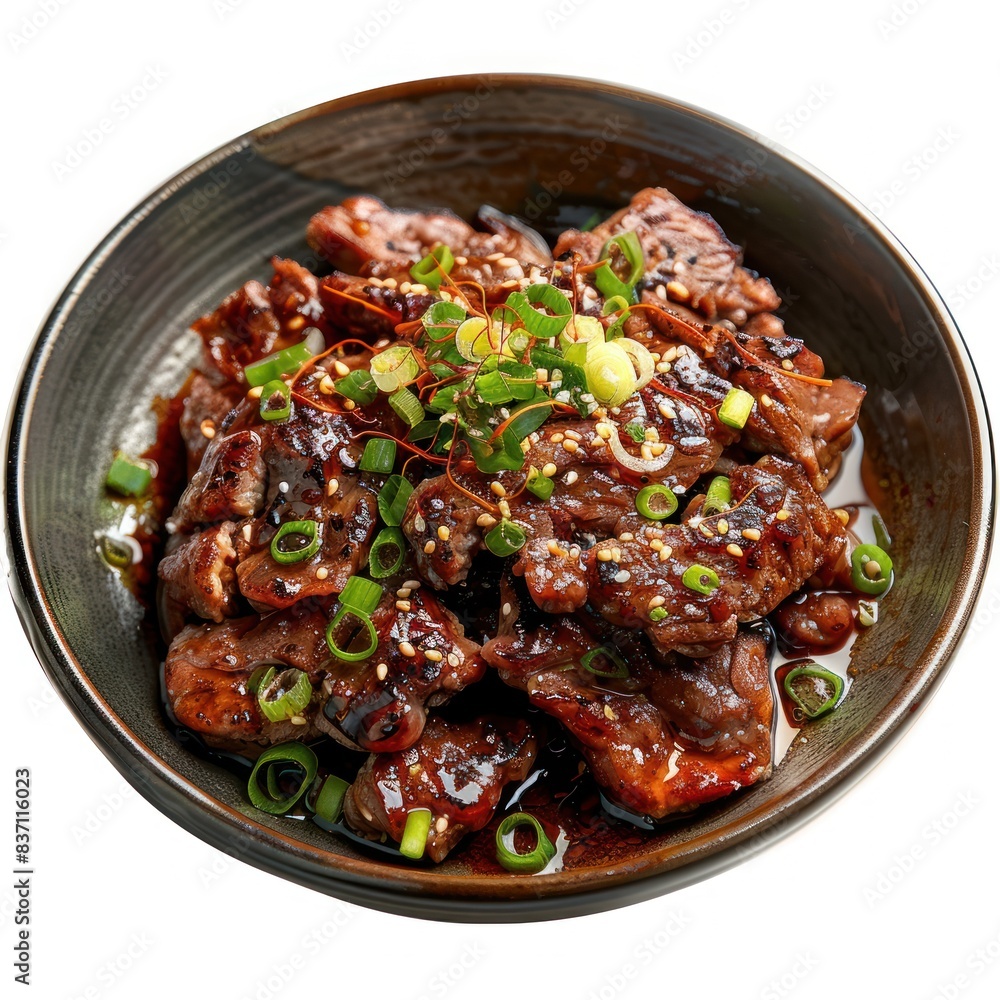 High-resolution image of Bulgogi isolated on a white background, perfect for showcasing its savory marinade and tender texture. High-resolution image of Bulgogi isolated on a white background, perfect for showcasing its savory marinade and tender texture.