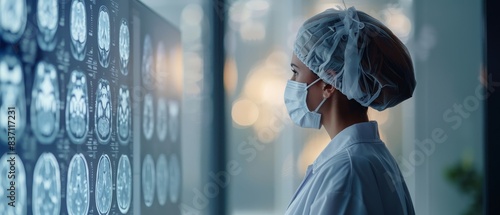 Medical professional analyzing brain scans on a lightboard, wearing a face mask and surgical cap in a healthcare setting. photo