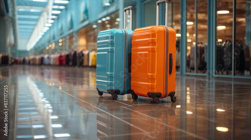 Bagages et valises dans un hall d'aéroport ou de gare. Sac, voyage, transport. Vacances, séjour, été. Fond pour conception et création graphique. 