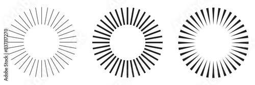 Radial circle lines. Circular radiating lines geometric element. Sun star rays symbol. Abstract geometric shapes. Design element. Vector illustration isolated on white background.