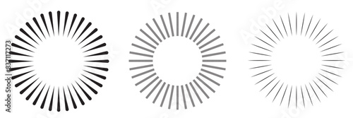 Radial circle lines. Circular radiating lines geometric elements. Sun star rays symbol