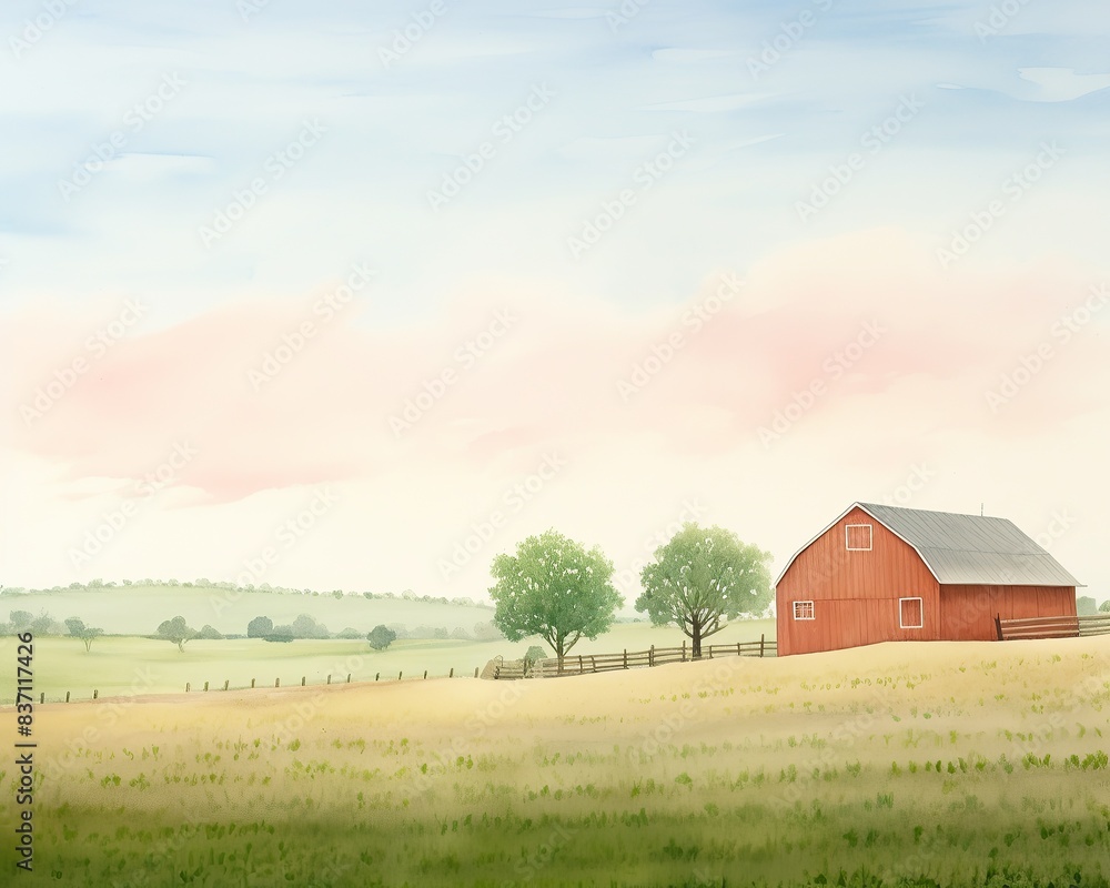 A red barn sits on a grassy hill with two trees in the foreground, against a backdrop of rolling hills and a light pink sky. A red barn sits on a grassy hill with two trees in the foreground, against a backdrop of rolling hills and a light pink sky.