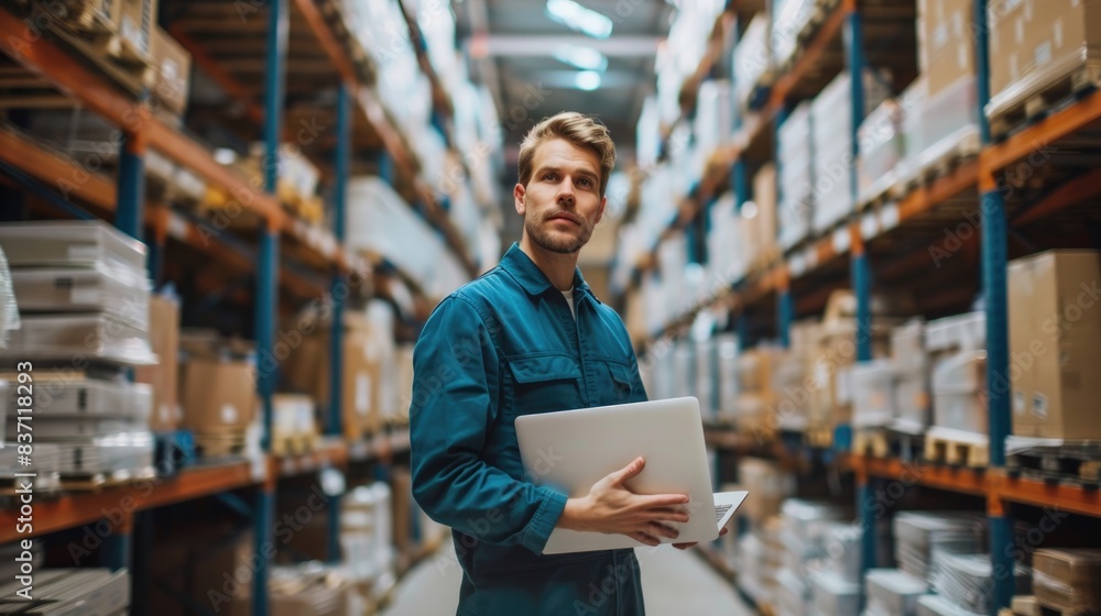 Engineering Laptop. Confident engineer with Laptop in Warehouse Setting Engineering Laptop. Confident engineer with Laptop in Warehouse Setting