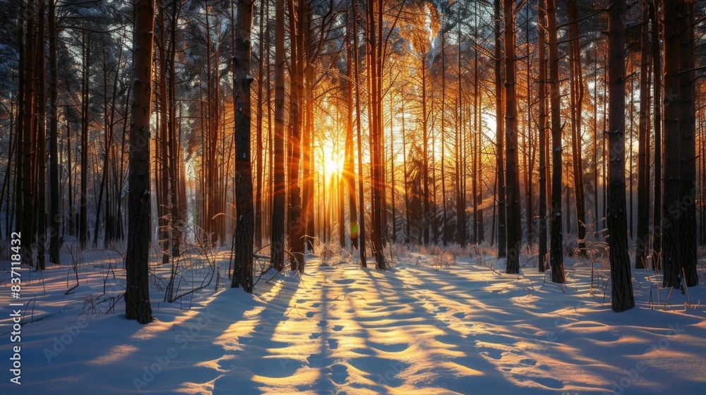 Winter Wood. Snowy Forest Sunset with Tree Shadows in Kitschy Aesthetic Winter Wood. Snowy Forest Sunset with Tree Shadows in Kitschy Aesthetic