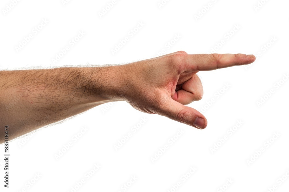 To The Point. Gesture of Man Pointing Diagonally with Index Finger Isolated on White To The Point. Gesture of Man Pointing Diagonally with Index Finger Isolated on White