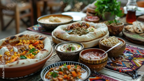 traditional Middle Eastern meal setting, with lavash bread used as utensils to scoop up rich stews and dips, emphasizing its role in communal dining